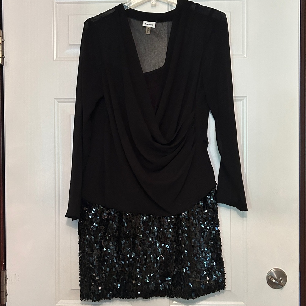 DKNY SHIFT Evening Dress M Black Sequin Skirt Draped Neck Formal Cocktail Glam